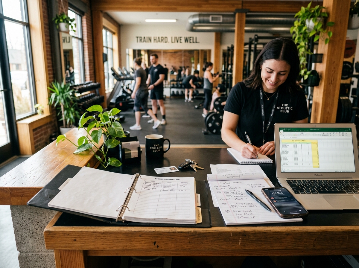 Member records, notebook, spreadsheet and phone scattered on a fitness reception desk