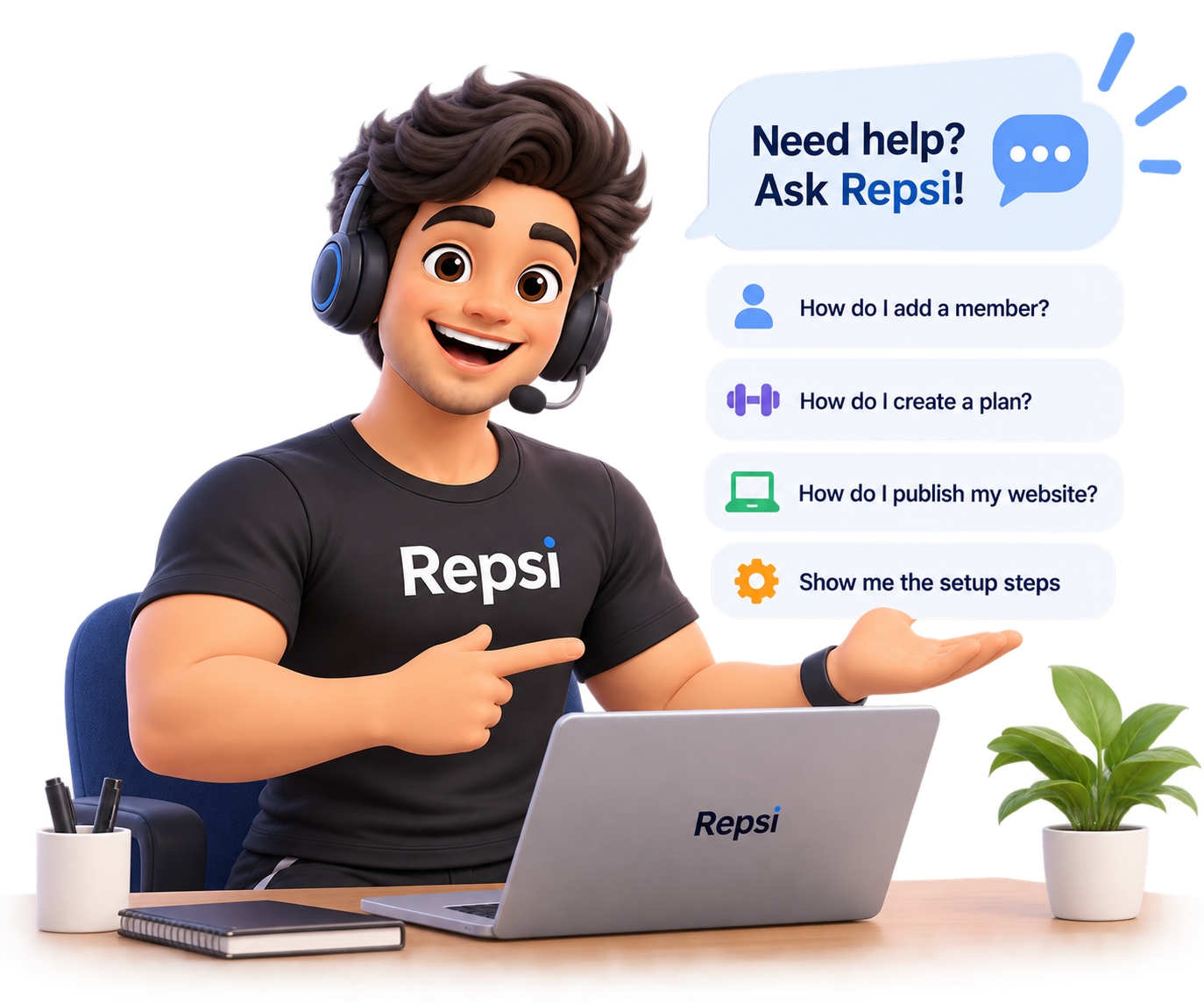 Repsi Mascot with headset and laptop